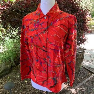 Chico's Red 100% Silk Embroidery/Applique Top Sz 4